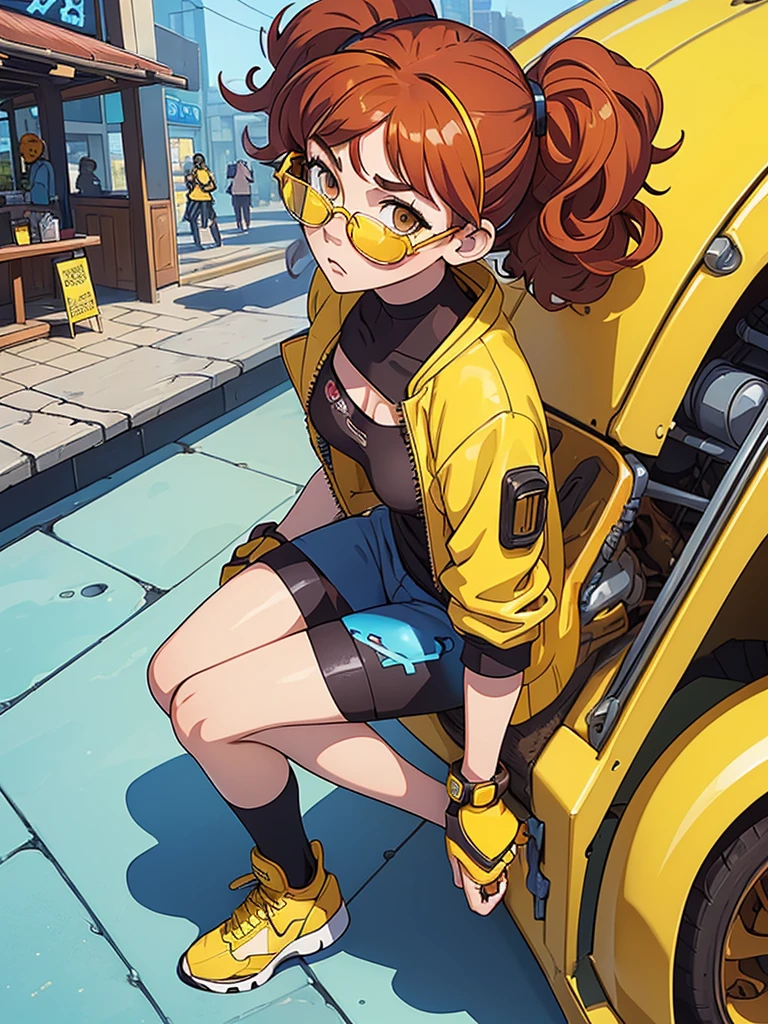 (masterpiece), (best quality), 1 girl, red hair,((brown eyes)),curly hair, short curly hair, brown eyes, anime style, freckles, (mall breast, (petite figure), blue cyberpunk clothes, legs, desert background, (((yellow glasses))) 