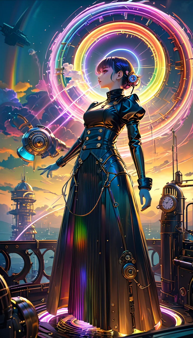 Rainbow colors、Rainbow colorsの機械式空飛ぶクジラ, steampunk, Dieselpunk, Clockpunk, Mysterious color scheme, Twilight light effect, Conceptual installation fantasy art, 2.5D, delicate and dynamic、16K, Ultra-high resolution, Ultra-high resolution, to be born,wonderful ,future、Rainbow colorsの、The world 30 years from now