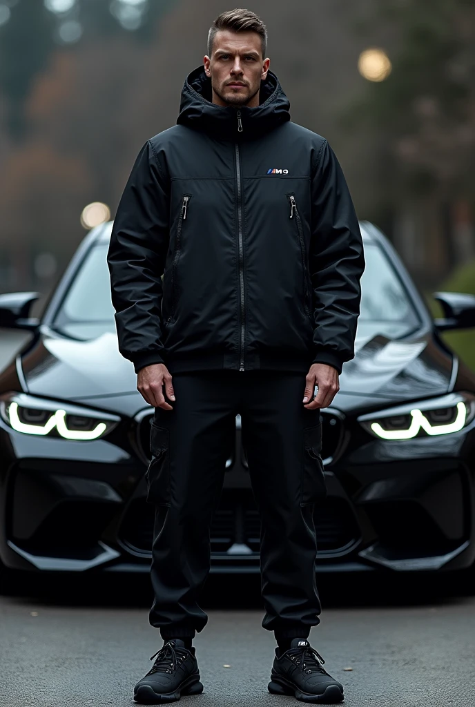 Create a human with black winter jacket and black jogging pants and Nike tn shoes in front of a bmw m3 g80 in black at night 
