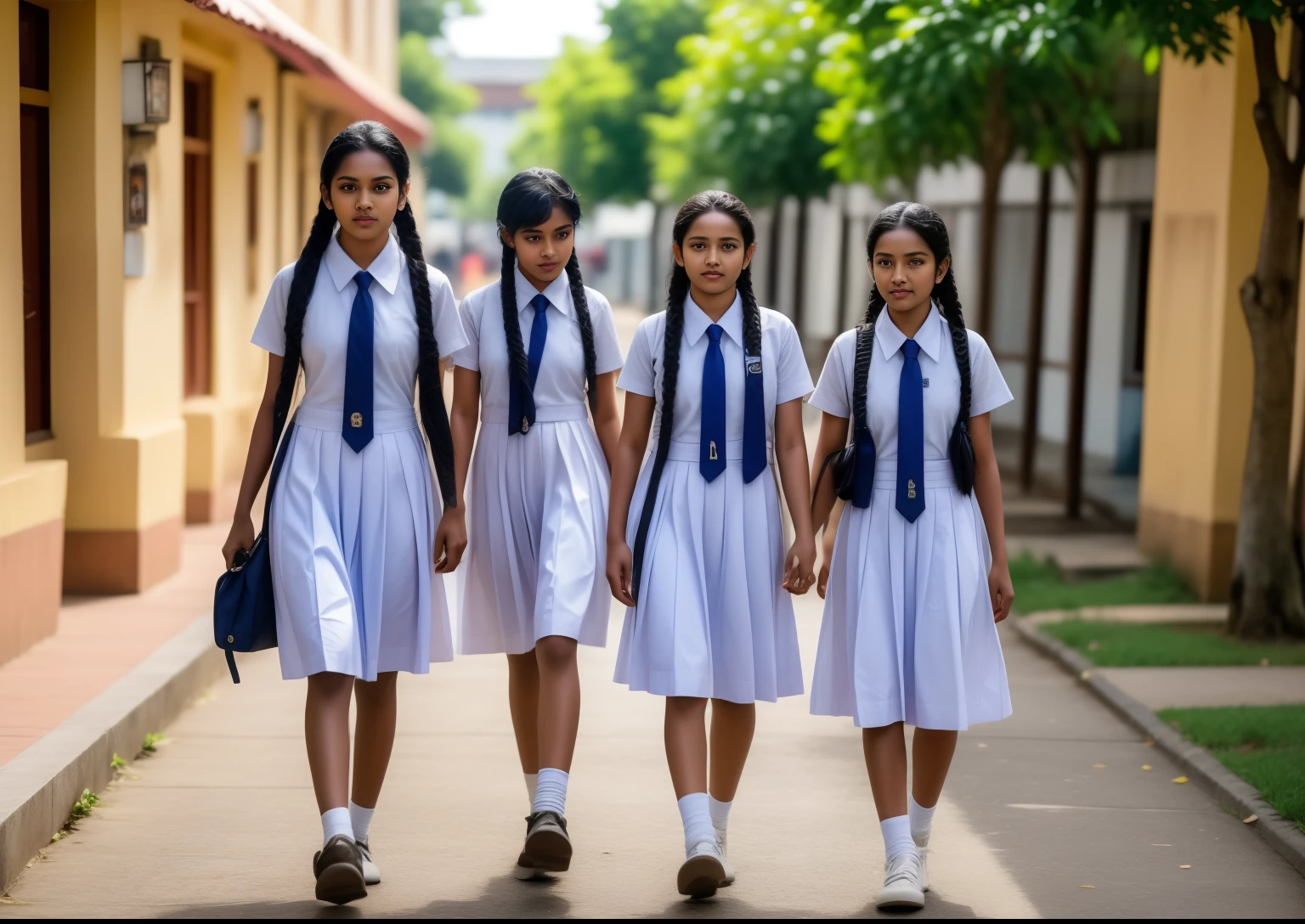 Raw photo, two beautiful Sri Lankan teen schoolgirls, with plaited hair, four girls coming towards the camera in a school walkway , wearing white frocks and blue color ties, white shoes, with school backpacks, professional photographer, (hdr:1.4), masterpiece, ultra-realistic 8k, perfect artwork, intricate details, cute face, award winning photograph, (Best quality, 8k, 32k, Masterpiece, UHD:1.3)