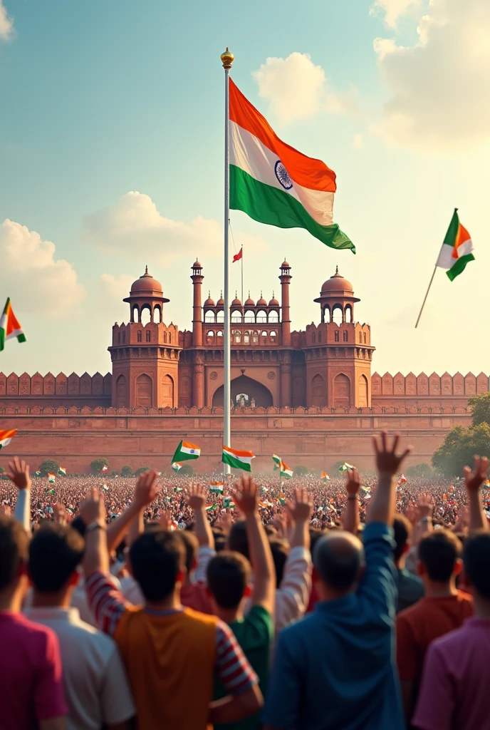 Generate an image of Indian flag hoisting in the red-fort. With protection of Indian army, the location is filled full of people holding flags, and singing the anthem
