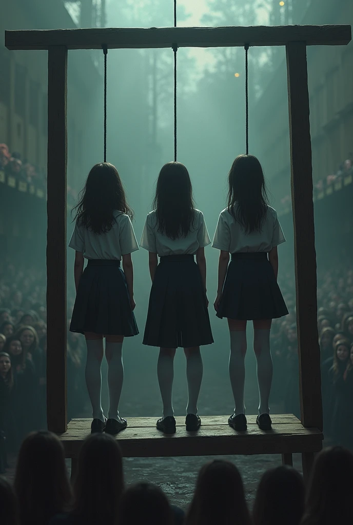 Scene of three schoolgirls in white thigh high stockings, hanged, execution, gallows, hovering in the air, many people around, noose, three school girls are standing together on the bench
