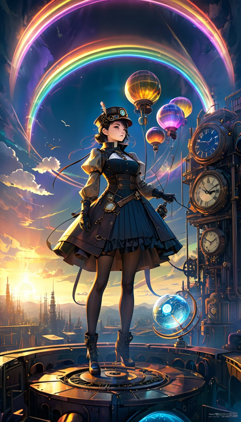 Rainbow colors、Rainbow colorsの機械式空飛ぶクジラ, steampunk, Dieselpunk, Clockpunk, Mysterious color scheme, Twilight light effect, Conceptual installation fantasy art, 2.5D, delicate and dynamic、16K, Ultra-high resolution, Ultra-high resolution, to be born,wonderful ,future、Rainbow colorsの、The world 30 years from now