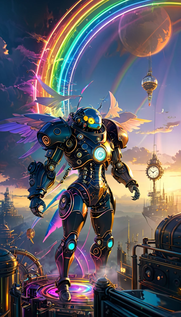 Rainbow colors、Rainbow colorsの機械式空飛ぶクジラ, steampunk, Dieselpunk, Clockpunk, Mysterious color scheme, Twilight light effect, Conceptual installation fantasy art, 2.5D, delicate and dynamic、16K, Ultra-high resolution, Ultra-high resolution, to be born,wonderful ,future、Rainbow colorsの、The world 30 years from now