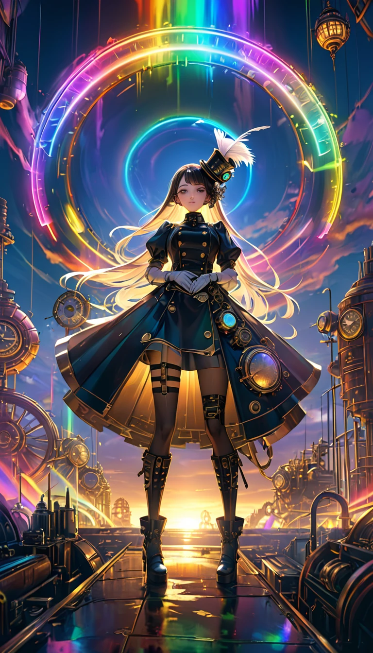 Rainbow colors、Rainbow colorsの機械式空飛ぶクジラ, steampunk, Dieselpunk, Clockpunk, Mysterious color scheme, Twilight light effect, Conceptual installation fantasy art, 2.5D, delicate and dynamic、16K, Ultra-high resolution, Ultra-high resolution, to be born,wonderful ,future、Rainbow colorsの、The world 30 years from now
