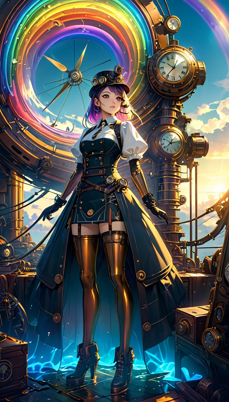 Rainbow colors、Rainbow colorsの機械式空飛ぶクジラ, steampunk, Dieselpunk, Clockpunk, Mysterious color scheme, Twilight light effect, Conceptual installation fantasy art, 2.5D, delicate and dynamic、16K, Ultra-high resolution, Ultra-high resolution, to be born,wonderful ,future、Rainbow colorsの、The world 30 years from now