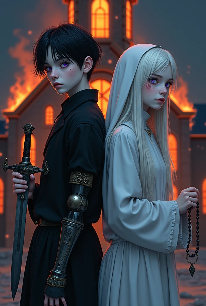 Two pale middle-aged pre-teens back to back with violet eyes, with the one on the left wearing dark alchemist clothes and the left arm with a steampunk technology prosthesis, holding a dagger with baphomet symbol, short black hair with a cut on the face, and the one on the right in white nun's clothes holding a rosary with closed eyes and long white hair with a church in flames behind , the night