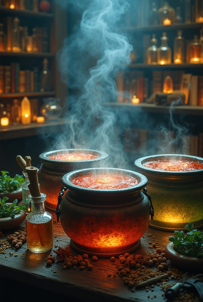 potion with herbs, painting, illustration, hyper realistic, intricate detail, ancient magic harry potter theme with space for a title, imagem theme is potions from basic to advanced