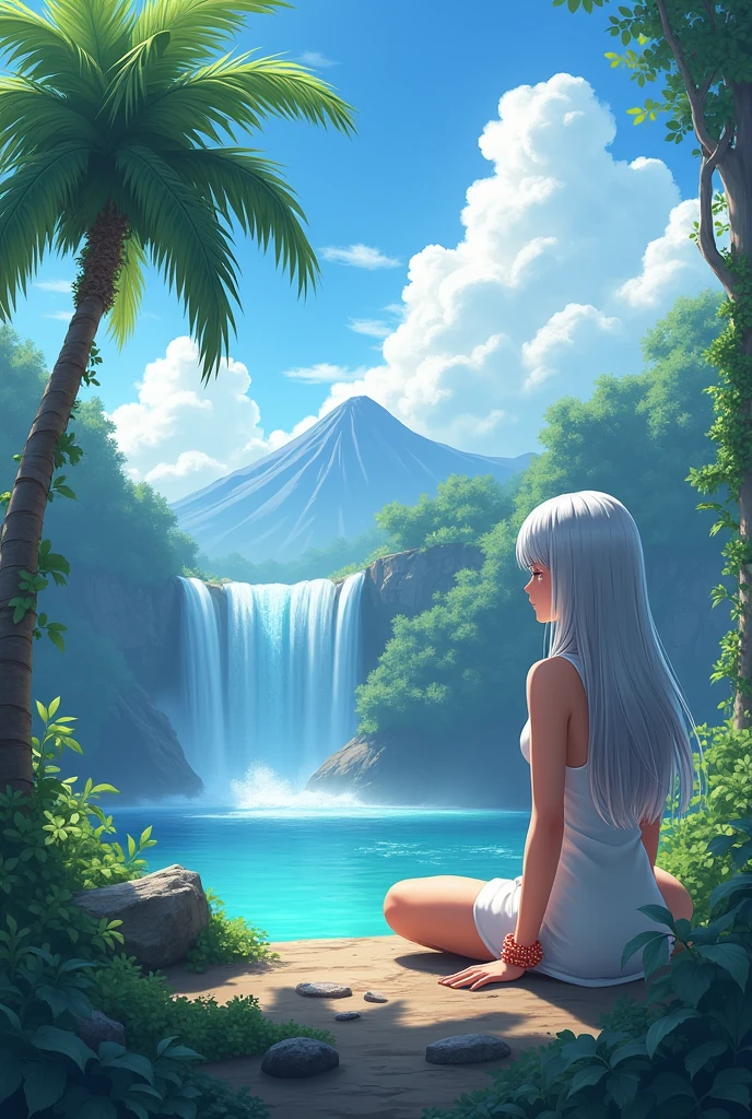 serene solo scene: A girl with striking silver and white hair sits peacefully by a tranquil waterfall, surrounded by lush forest foliage. She wears a delicate coral-colored bracelet and gazes out at the breathtaking scenery - a majestic mountain range against a brilliant blue sky dotted with fluffy clouds. Nearby, a palm tree rises from the overgrown bush, its trunk adorned with vines. The air is filled with the gentle sound of rushing water, as if beckoning her to dip her hand into the crystal-clear lake or river that flows gently in the distance.