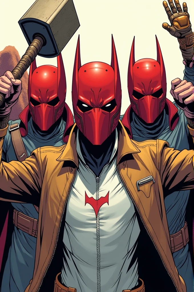Comic book characters with a red technological batman mask with their mouth covered. He wears a white outfit with a brown bobber., in his mother he has the hammer of thor and the infinity gauntlet
