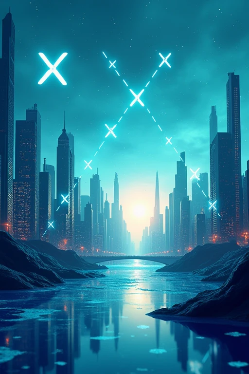 An abstract digital artwork representing XRP's potential future. Incorporate elements like floating XRP symbols, upward arrows, and futuristic city skylines. Use a gradient from deep blue to bright teal, symbolizing the journey from present to future.