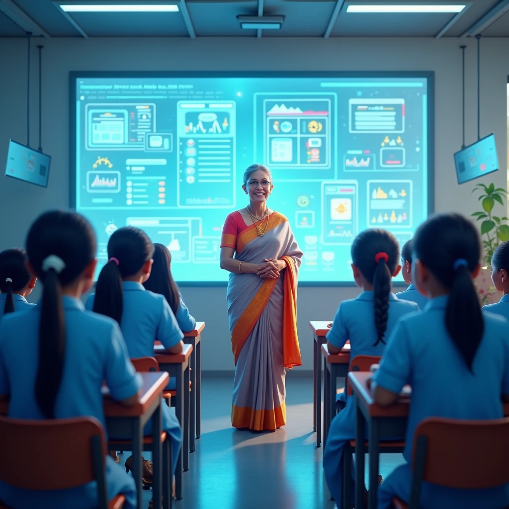 Can you create a 16:9 ratio poster for Teachers' Day with the theme of an ideal learning environment
The classroom should be digital and teacher should be in saree and students should be in sky blue uniforms in digital classrooms with unrealistic character middle aged students