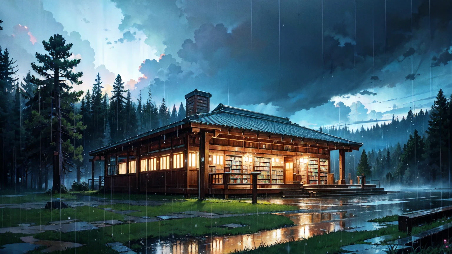 Colorful and bright picture. Nostalgic. Makoto Shinkai. A splendid Western-style library beyond the forest. Beautiful composition. Night, heavy rain. A western style library beyond the forest. Vivid. Rainy sky. Fantastic, with the forest in the foreground and the library in the background.