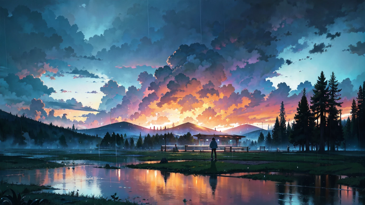 Colorful and bright picture. Nostalgic. Makoto Shinkai. A splendid Western-style library beyond the forest. Beautiful composition. Night, heavy rain. A western style library beyond the forest. Vivid. Rainy sky. Fantastic, with the forest in the foreground and the library in the background.