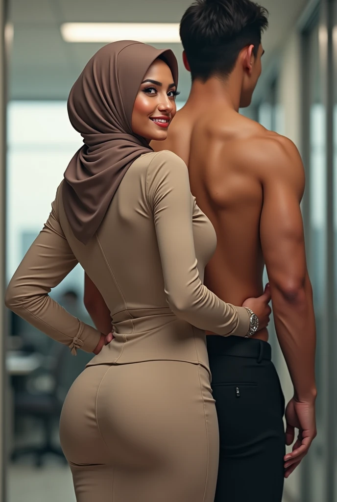 RAW, Best quality, high resolution, masterpiece: 1.3), beautiful Malay woman in hijab (iu:0.8),/(in a modern office/), 1lady solo, /(beige long pencil skirt jacket/) id card, blush on smile friendly, (best quality masterpiece: 1.2) very detailed, big breasts, big buttocks, from behind,(looking at the audience, looking back, facial details, double eyelids, smiling,the other is a young muscular man, he's in shorts and a T-shirt, the man standing directly behind her smiling, ((his hand is on her butt groping it)))