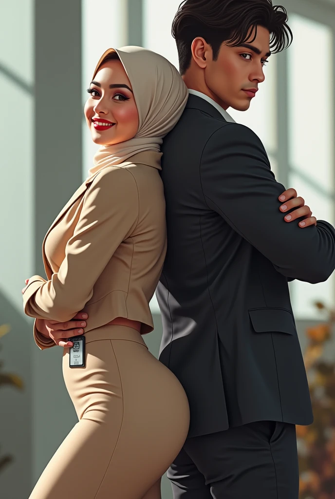 RAW, Best quality, high resolution, masterpiece: 1.3), beautiful Malay woman in hijab (iu:0.8),/(in a modern office/), 1lady solo, /(beige long pencil skirt jacket/) id card, blush on smile friendly, (best quality masterpiece: 1.2) very detailed, big breasts, big buttocks, from behind,(looking at the audience, looking back, facial details, double eyelids, smiling,the other is a young muscular man, he's in shorts and a T-shirt, the man standing directly behind her smiling, ((his hand is on her butt groping it)))