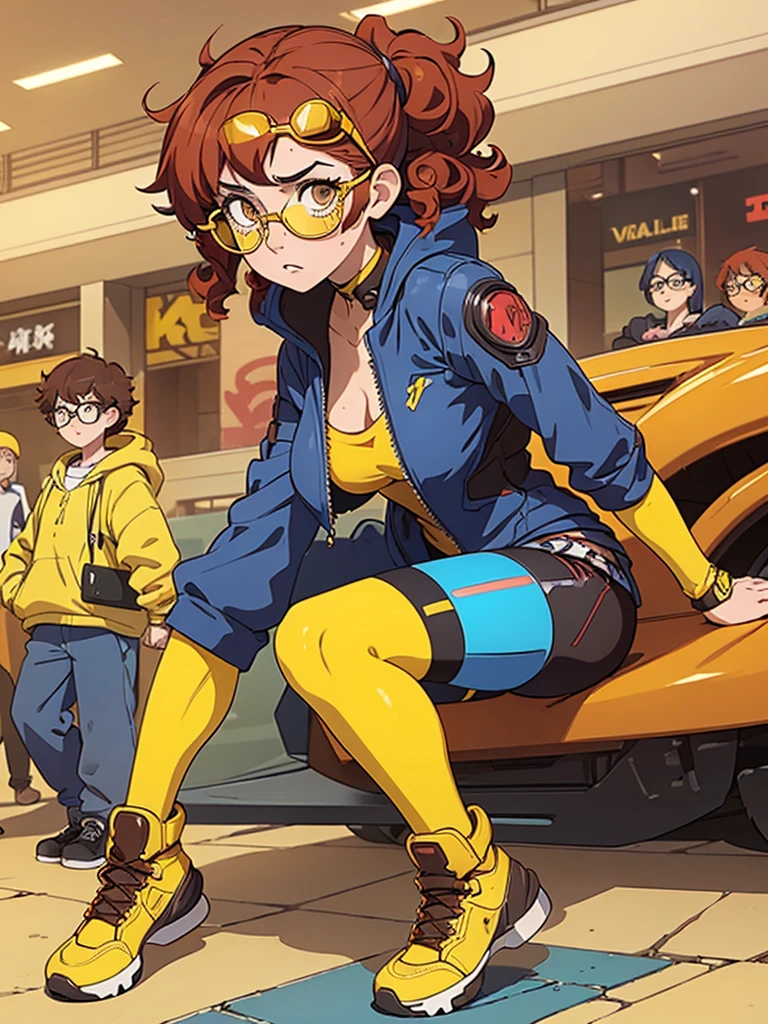 (masterpiece), (best quality), 1 girl, red hair,((brown eyes)),curly hair, (short curly hair) , brown eyes, anime style, freckles, (mall breast, (petite figure), blue cyberpunk clothes, legs, desert background, (((yellow glasses))) 