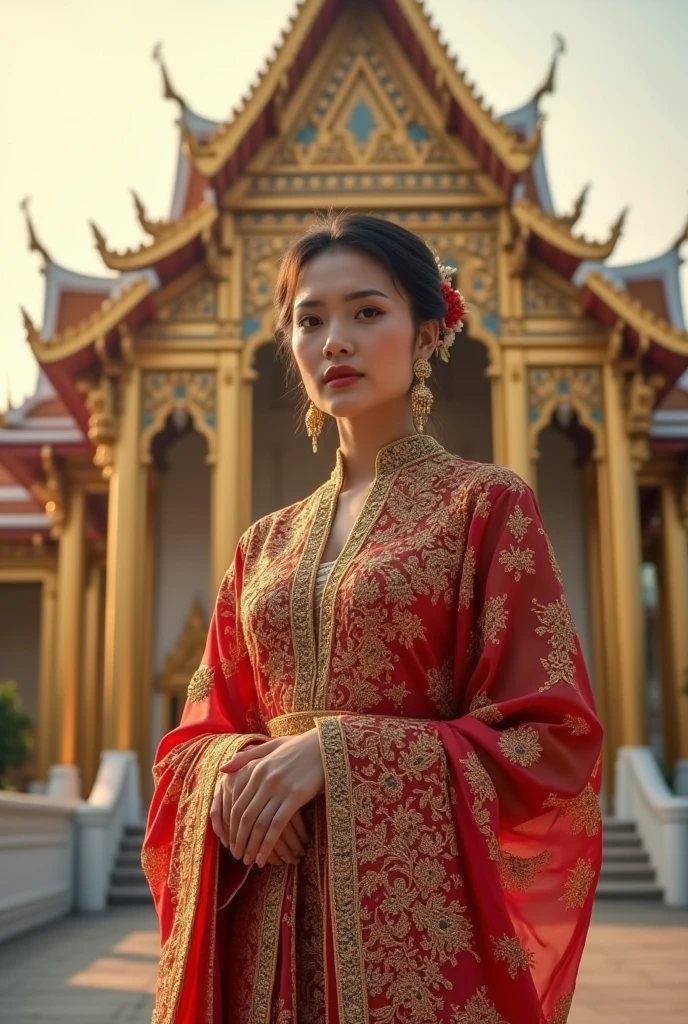 A woman in an opulent traditional Thai outfit, hands together, posing confidently in front of a majestic royal palace, with golden light illuminating her figure, enhancing the intricate details of her attire