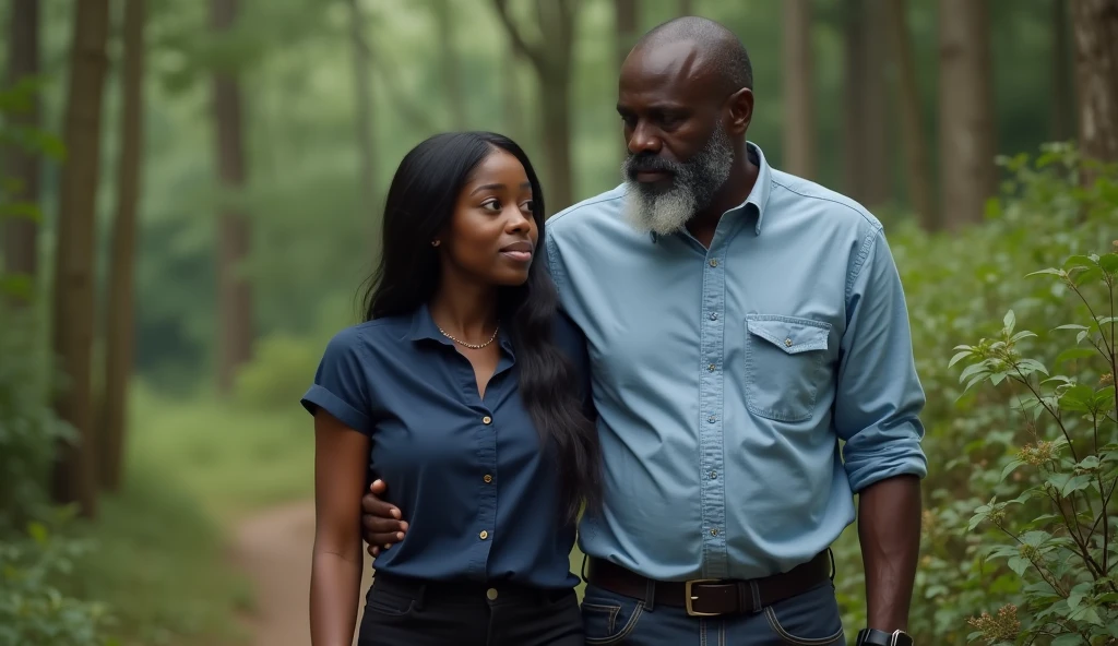 the best photo, the most realistic ,Clareza 4K, black female , black hair with long length ,age 25 ,Dark blue cotton shirt with black pants, Delicate face, long hair, ebony skin , .the woman is distracted (woman is not looking at the photo ) ,man is with her taking her somewhere, and in the background there is a forest with bushes. 1 black man , aged 50, fatter ,black african hair, with gray beard, wearing a light blue dress shirt, black boot, and dark jeans