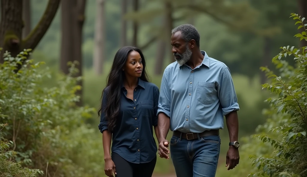 the best photo, the most realistic ,Clareza 4K, black female , black hair with long length ,age 25 ,Dark blue cotton shirt with black pants, Delicate face, long hair, ebony skin , .the woman is distracted (woman is not looking at the photo ) ,man is with her taking her somewhere, and in the background there is a forest with bushes. 1 black man , aged 50, fatter ,black african hair, with gray beard, wearing a light blue dress shirt, black boot, and dark jeans