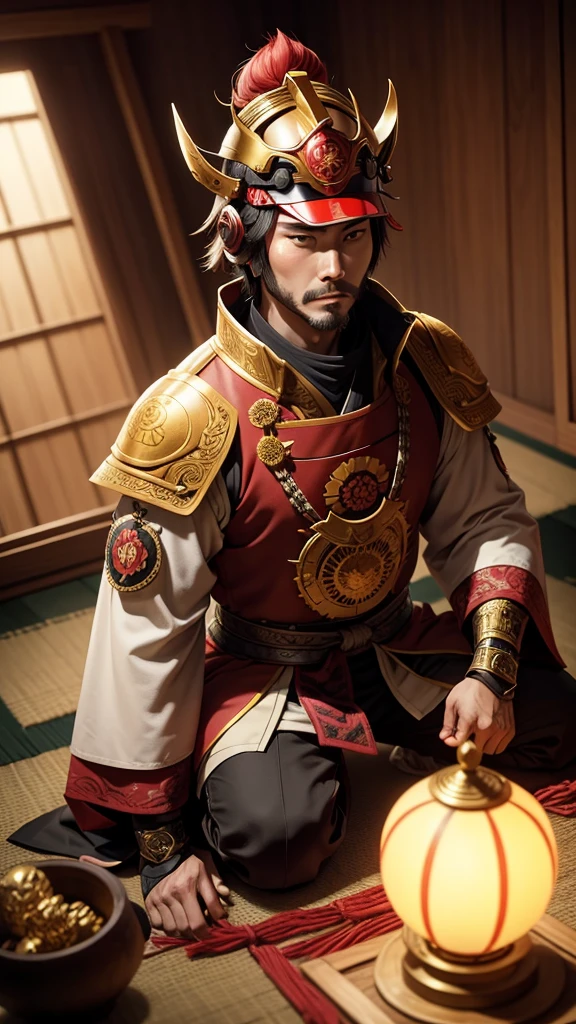 Create an image of Toyotomi Hideyoshi, a key figure in the unification of Japan during the Sengoku period. He is standing on the battlefield, just after a victorious campaign. Hideyoshi is in his late 30s, with a lively and charismatic expression, his eyes full of determination and cunning. He has a rounded face and a neatly groomed moustache, reflecting his humble beginnings and rise to power. He wears a distinguished set of samurai armor, adorned with gold and red accents, symbolizing his status and success. His kabuto (helmet) has an elaborate golden crest shaped like a sun, symbolizing his ambition to rise as high as the sun itself. Around him, his loyal retainers are kneeling, holding banners that bear the Toyotomi crest. In his right hand, Hideyoshi holds a fan, signifying his role as a strategist and his diplomatic skills. The setting sun casts a warm glow over the scene, highlighting the sense of triumph and achievement. The atmosphere should convey a sense of ingenuity, leadership, and ambition, portraying Hideyoshi as the cunning leader he was known to be.