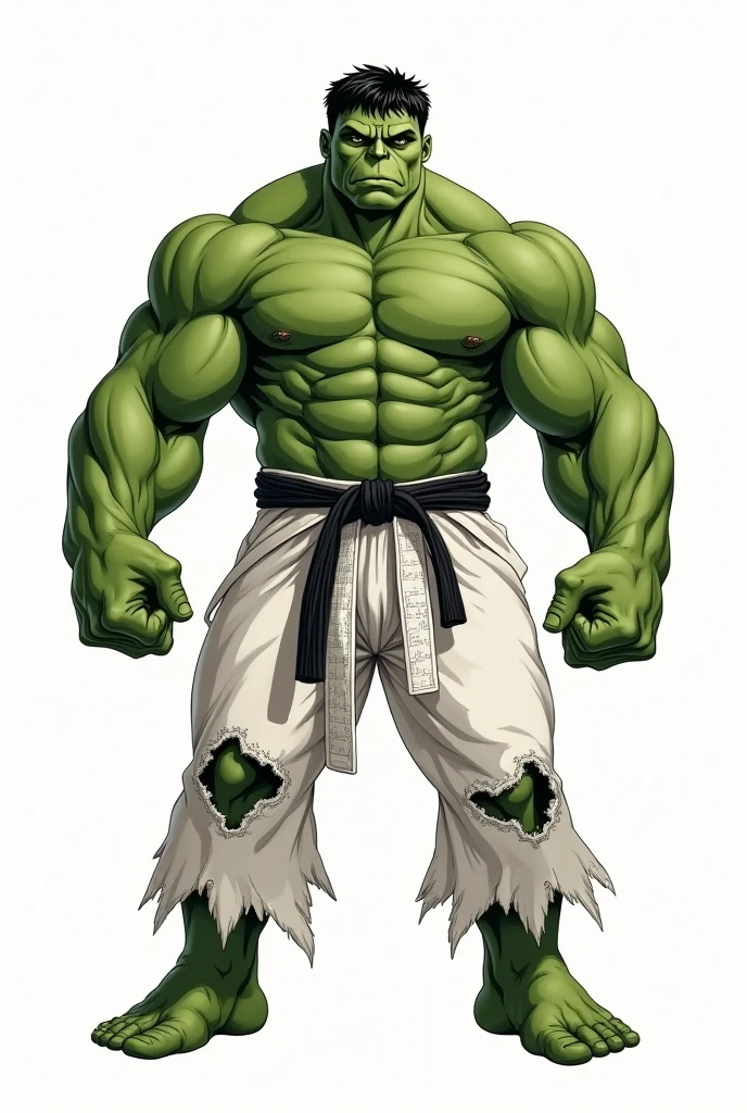 HULK WITH THE GREEN BODY,  USANDO KIMONO Jiu Jitsu BRANCO , wagui with LONG AND RIPPED SLEEVES ON BOTH ARMS , long and RIPPED pants , black Belt, GIANT MUSCULAR, fully body, old drawing style, white background
