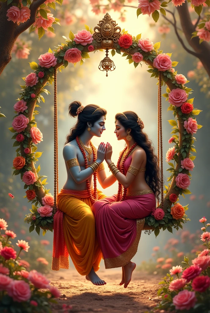 The scene you’re referring to involves the divine couple, Sri Sri Radha and Krishna, engaging in a beautiful and symbolic pastimes known as "prema lilas" or love pastimes. In this depiction, Radha and Krishna are seated on a swing made of flowers, a setting that emphasizes their divine love and beauty.
The swing is elaborately adorned with fragrant flowers, representing the delicate and enchanting nature of their divine love. As they gently sway, their pastimes or lilas manifest, showcasing their deep and transcendent affection for each other. This imagery not only highlights their romantic interactions but also symbolizes the spiritual bliss and divine love that permeates their relationship.
This scene is often used to convey the depth and purity of their love, which is central to the devotional practices and theological understanding within certain schools of Hinduism, particularly in the Gaudiya Vaishnavism tradition.