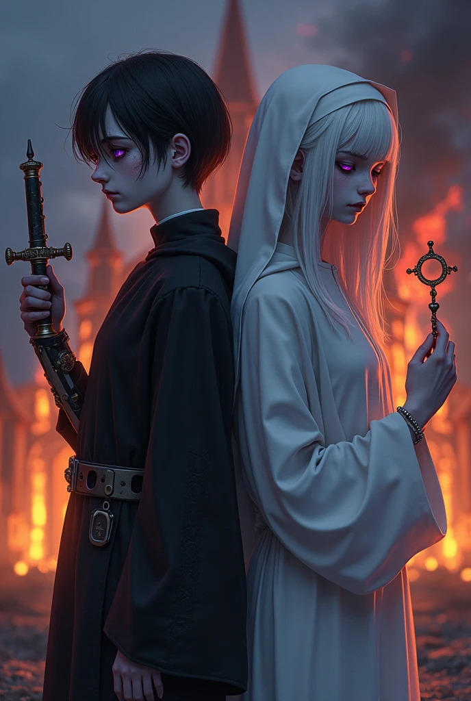Two pale middle-aged pre-teens back to back with violet eyes, with the one on the left wearing dark alchemist clothes and the left arm with a steampunk technology prosthesis, holding a dagger with baphomet symbol, short black hair with a cut on the face, and the one on the right in white nun&#39;s clothes holding a rosary with closed eyes and long white hair with a church in flames behind , the night 