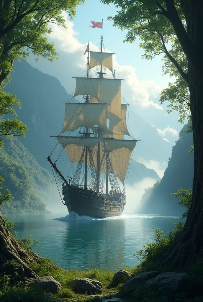 An big ship moves toward the greenery valley forest with fog and clouds