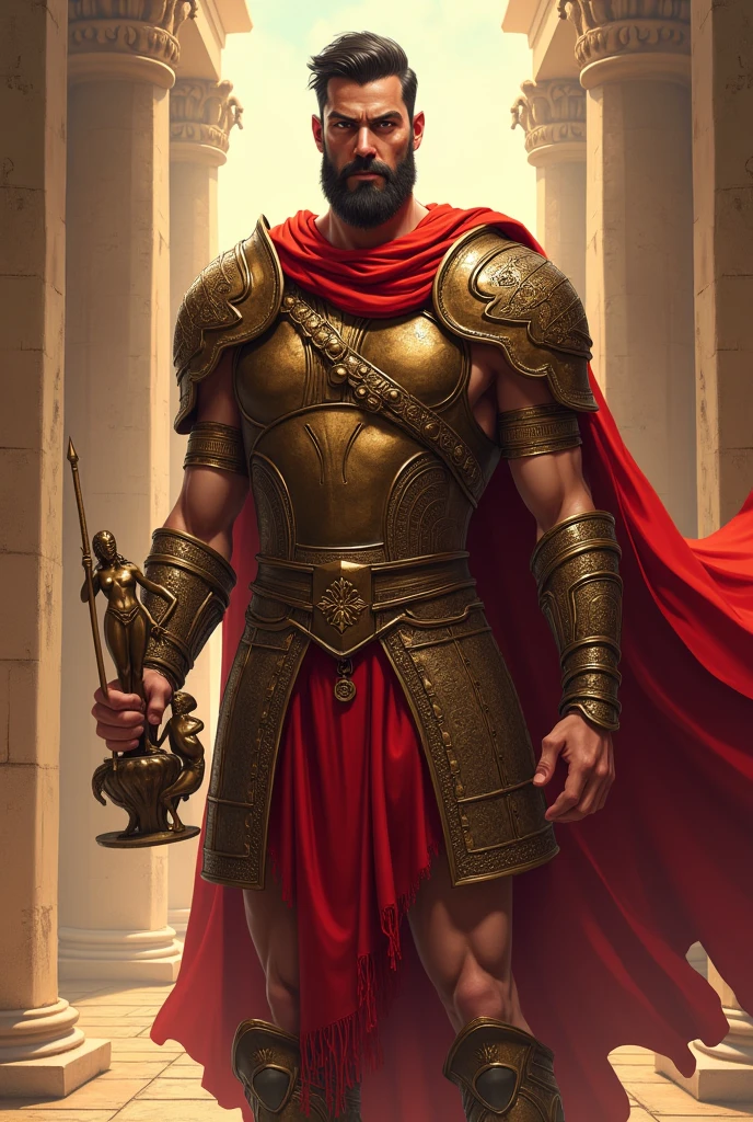 image of a warrior from Mycenae, with bronze armor and red garments, he is 30 years old, (((anime styling))), holding a small statue of the goddess Artemis, inside an ancient Greek temple.