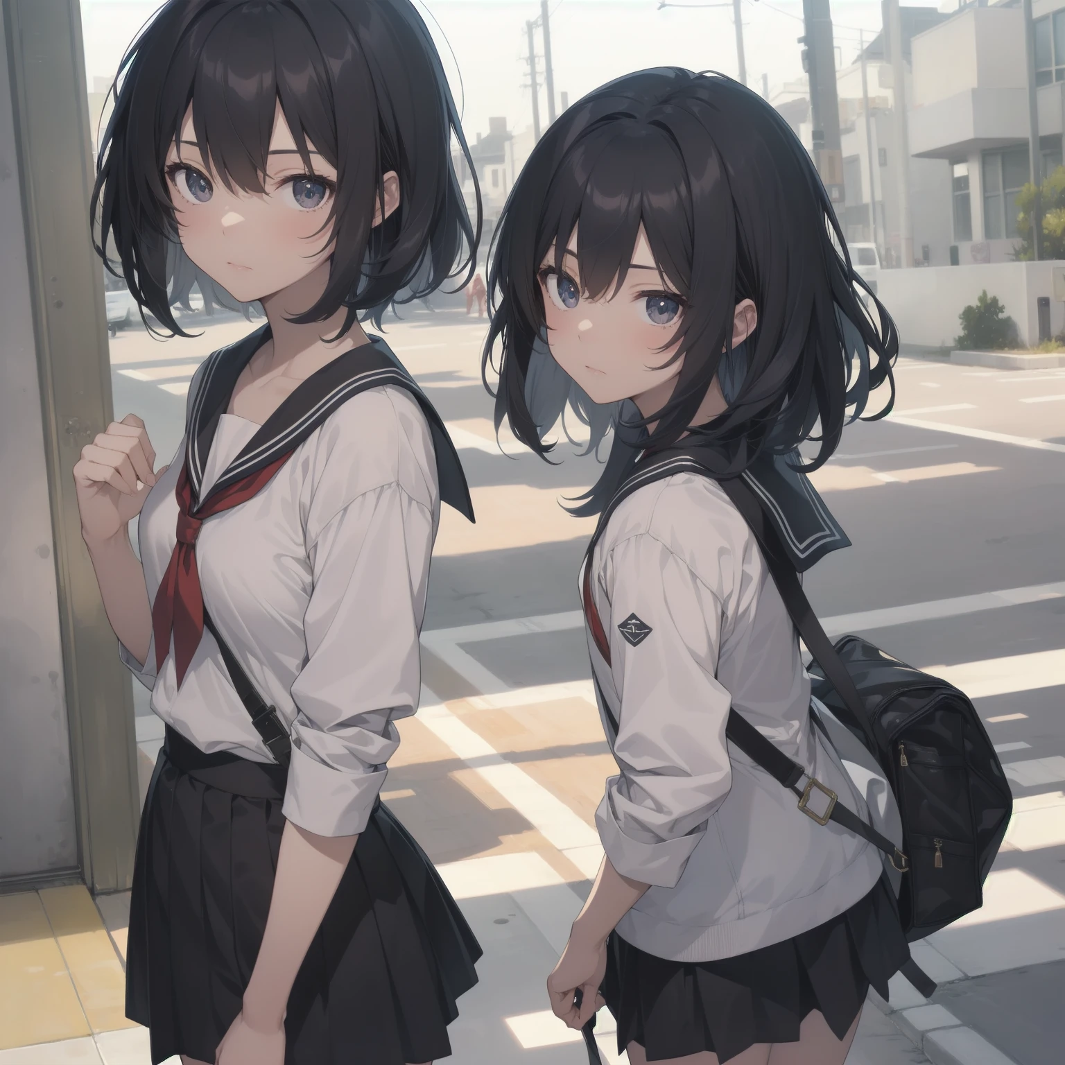 ultra-absurdres-Top quality by artist God, ultra-detailed, high resolution, anime moe artstyle, best anime 8k konachan wallpaper, pixiv contest winner, pool:2810, perfect anatomy,break, 1girl, (Please draw a girl walking sleepily to school alone. )break,(Solo,little female,15yo:1.3),Full limbs, ,a junior high school student, (very short hair), short cut, flat chest, , small butt, small black eyes, beautiful detailed eyes, well-proportioned iris and pupils, expressive eyes, highres detailed hair, soft expression, salor school_uniform, sailor collar, serahuku, bow, pleated skirt,(Detailed Lighting), (Detailed background), in the School commute route. break,super detailed skin, Best cinematic lighting powered by famous artist, 8k,beauty illustration,photoshop_(medium),very aesthetic,break,((artist:echo_(circa) )), artist:clamp ,artist:carnelian ,artist:kantoku ,