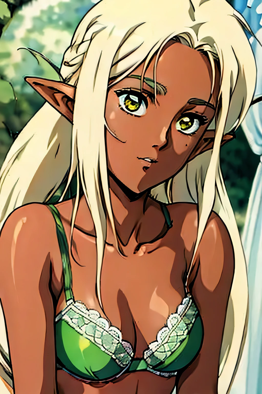 (masterpiece, official art), 1girl, elf, eva elfie, blonde hair, long hair, twin_low_braids, closeup, upper body, ((green lace bra)), slim, yellow eyes, dark skin