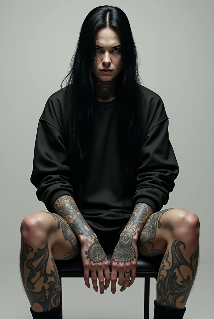 A fair-skinned,with tattooed body,long black hair down to the shoulder,stark,wearing sweatshirt,sitting in a chair with open legs