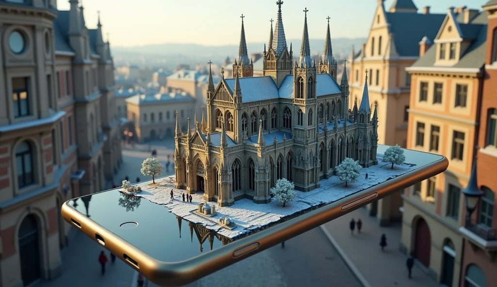 A mobile phone screen from which 3d cathedral emerging from it. The setting is a European city. Hyper-realistic style.