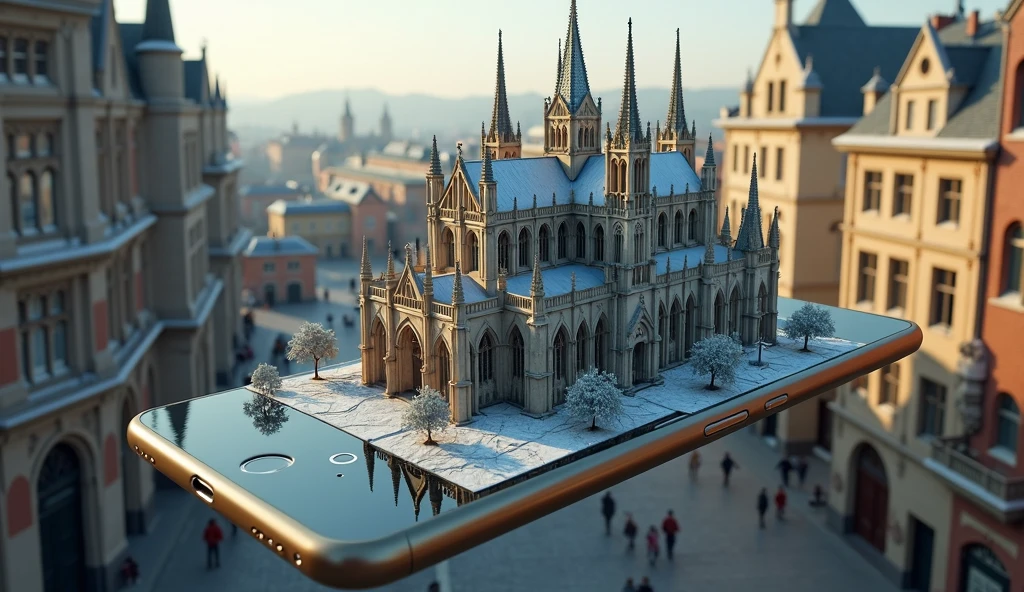 A mobile phone screen from which 3d cathedral emerging from it. The setting is a European city. Hyper-realistic style.
