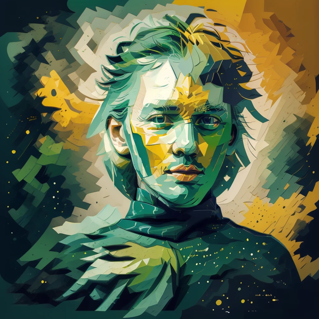 van gogh, 2D, mostly using color code dark green and mustard palette, dark gray green, dark green mustard pastel color, using very little dark green warm colors with tonal combination With green and mustard color, particle face, the face should be geometric and abstract cubism. Style, dark gray green, face blend with background