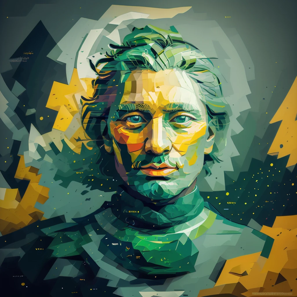 van gogh, 2D, mostly using color code dark green and mustard palette, dark gray green, dark green mustard pastel color, using very little dark green warm colors with tonal combination With green and mustard color, particle face, the face should be geometric and abstract cubism. Style, dark gray green, face blend with background