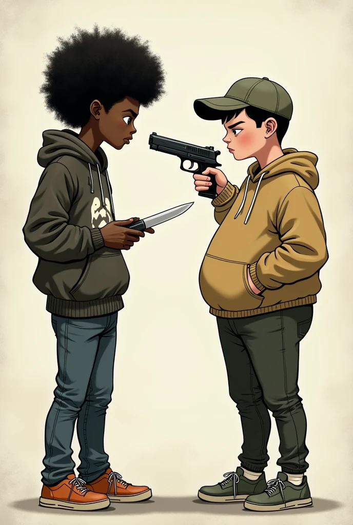 una persOna de tez mOrena, cOn un OjO mas arriba que OtrO, clothing of "flait"O "dogs", pelO afrO cOrtO amenazandO cOn un cuchillO a una persOna de cOntextura Obesa, vestimenta nOrmal, cOn gOrrO estilO jOckey y sin un OjO y a su vez amenazandOlO cOn una pistOla. ambOs persOnajes de unOs 20 añOs y que sea imaginadO de manera media caricaturesca