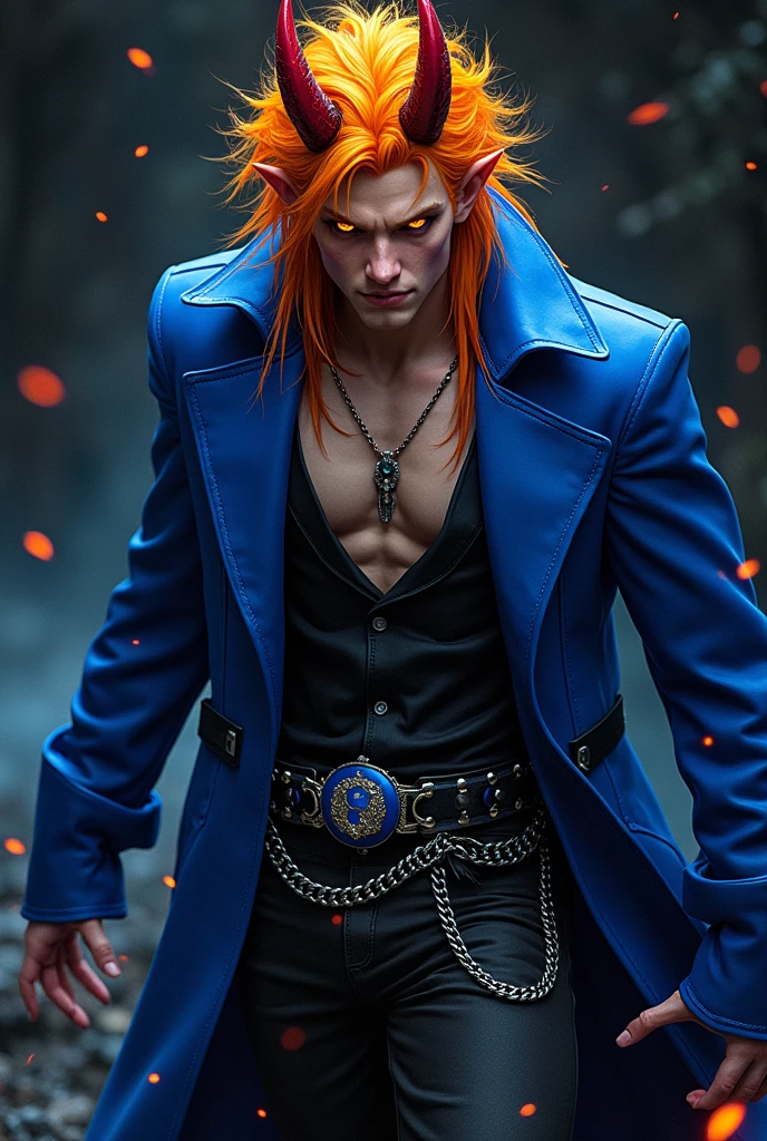Male sexy demon age 20, greman, yellow eyes, orange yellow hair visual kei, evil eyes, long crazy smile, royal blue and black leather matrix long gabardine open, red orange skin, red horns, black cargo pants, only right arm on blue flames, cyberpunk japanese style, belt with a blue ying yang, chains around the belt, athletic, magic powers, action, demon alligator legs, black cat nails, hit pose, black night backgroud