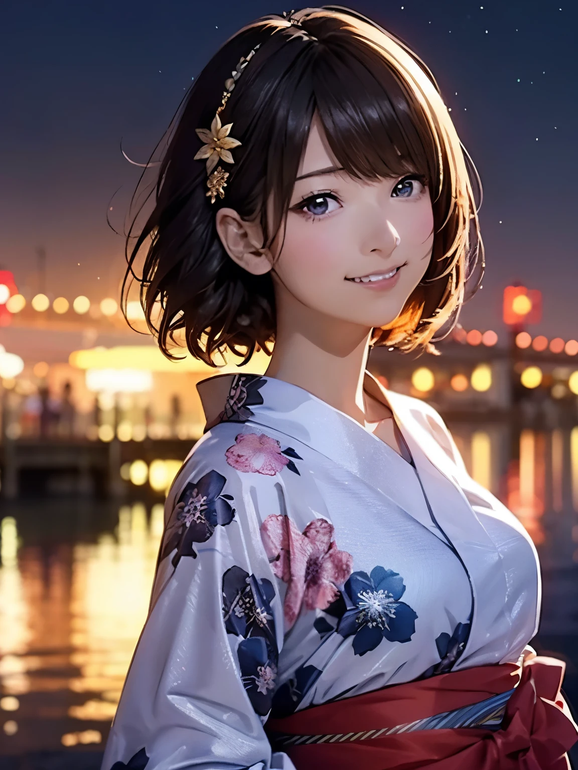 High resolution, 8k, Highest quality, detailed, Semi-realistic anime, Anime 3D Style, Smooth anime CG, One Girl, A 20-year-old Japanese woman, slim, Modeled, Shiny brown hair, detailedな顔, Beautiful and detailed, Glowing Skin, Hard Focus、Film Grain, Soft lighting, Looking at the audience, Laughter, (A woman wearing a gorgeous yukata and hair accessory), A summer festival where large fireworks burst into the night sky、People gathering along the river々