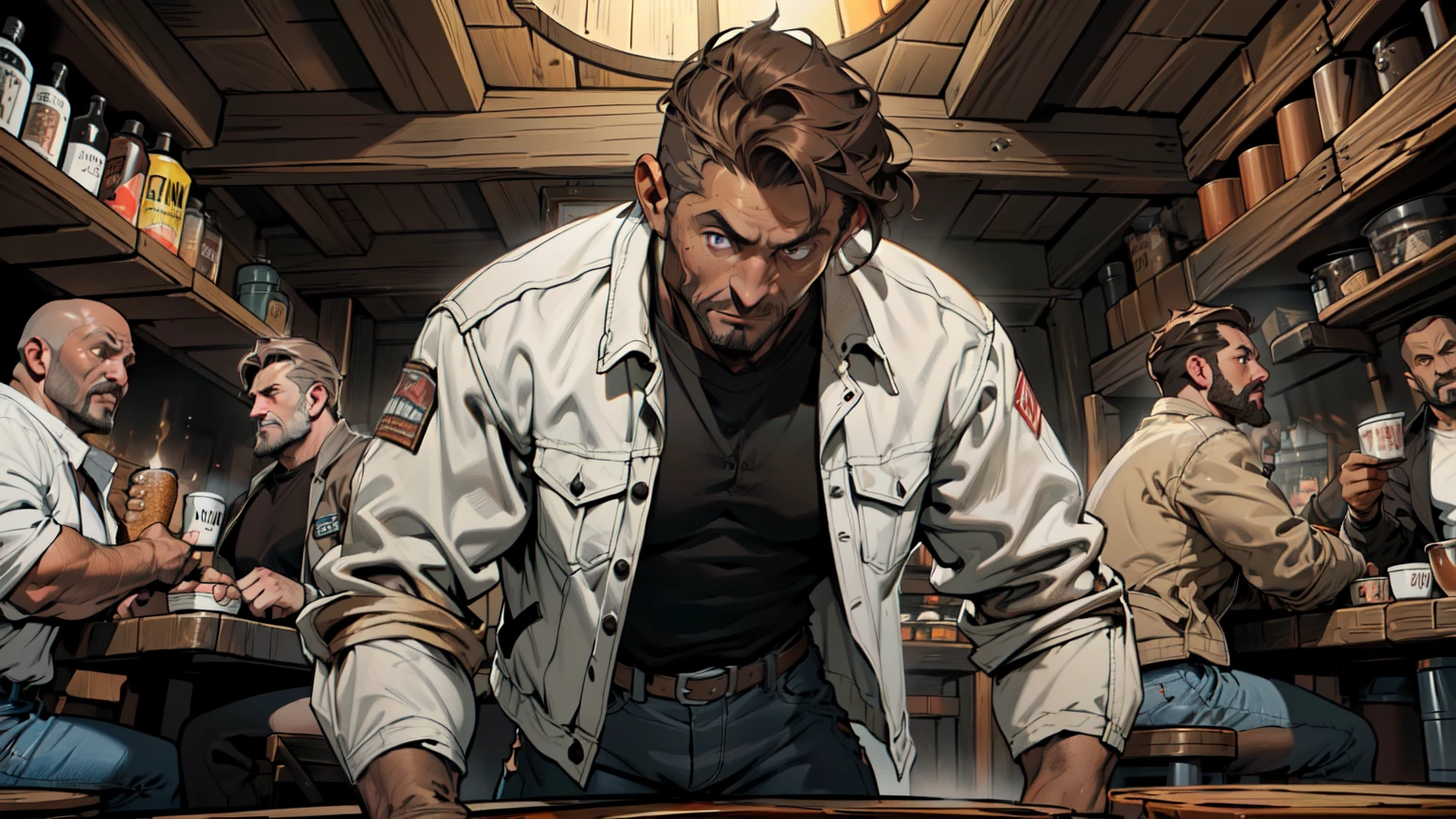 (man of 40 years old, 1,75 m with 90 kg), ((skin fair)), (((short gray dark brown hair))), (((eyes browns))), ((wearing black pants and white shirt with denim jacket)), (((inside a tavern))), ((((talking about a shocking fact)))),