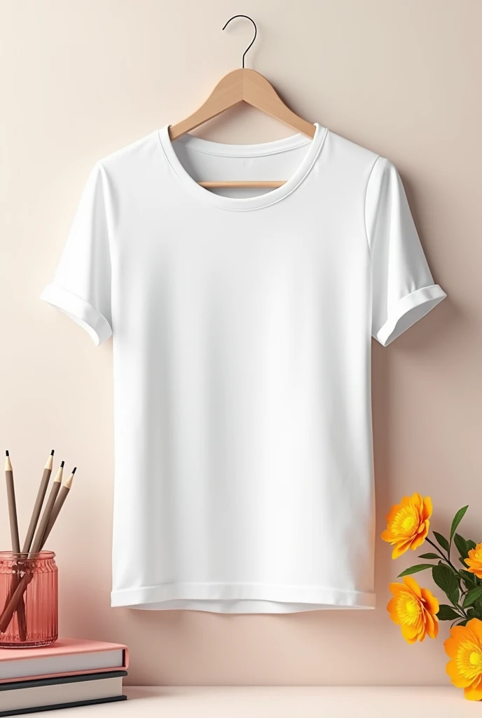 women's cotton round neck white shirt mockup, books, pencils and flowers, T-shirt design template, t shirt printing presentation mockup.