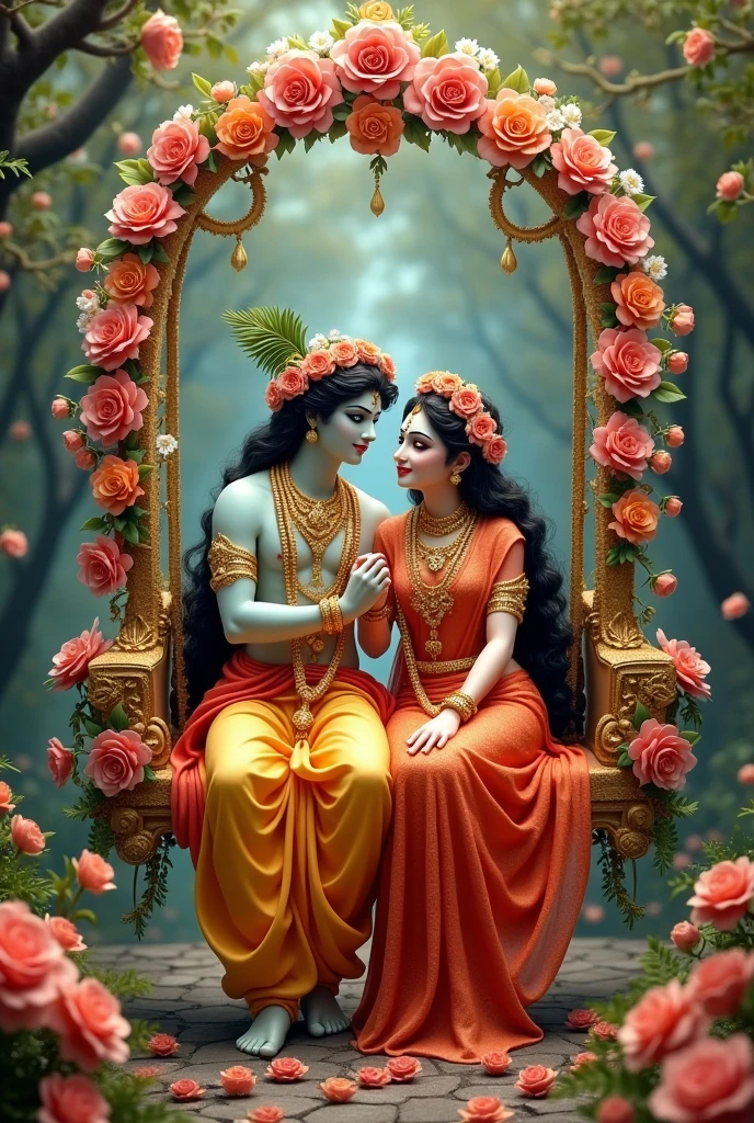 The scene you’re referring to involves the divine couple, Sri Sri Radha and Krishna, engaging in a beautiful and symbolic pastimes known as "prema lilas" or love pastimes. In this depiction, Radha and Krishna are seated on a swing made of flowers, a setting that emphasizes their divine love and beauty.
The swing is elaborately adorned with fragrant flowers, representing the delicate and enchanting nature of their divine love. As they gently sway, their pastimes or lilas manifest, showcasing their deep and transcendent affection for each other. This imagery not only highlights their romantic interactions but also symbolizes the spiritual bliss and divine love that permeates their relationship.
This scene is often used to convey the depth and purity of their love, which is central to the devotional practices and theological understanding within certain schools of Hinduism, particularly in the Gaudiya Vaishnavism tradition.