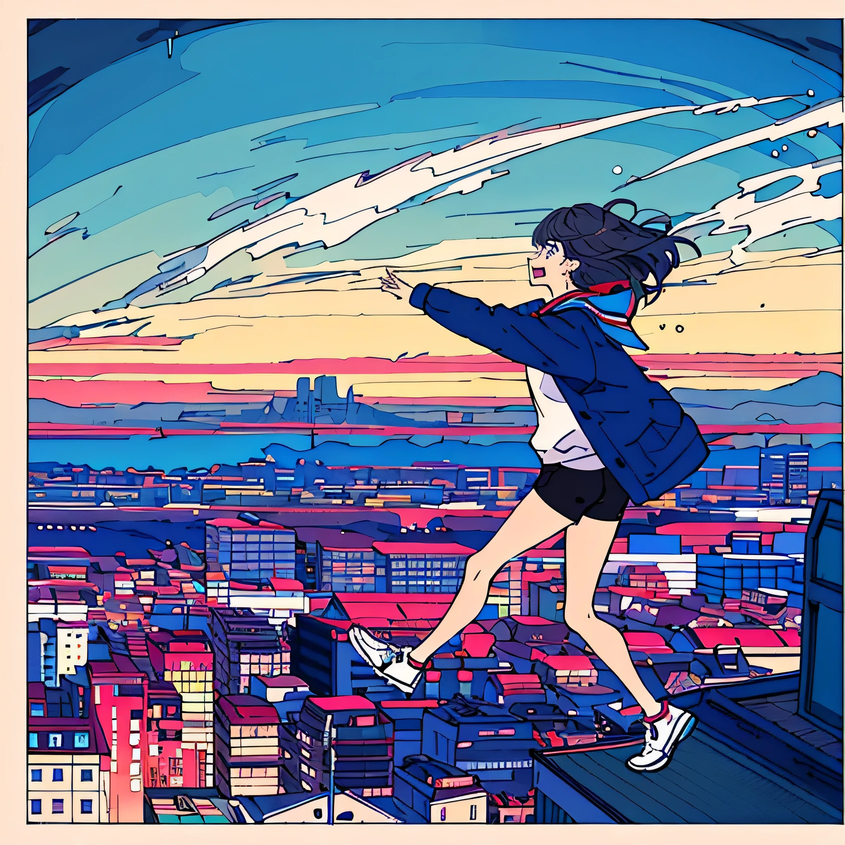 masterpiece, Intricate details, Better Quality, One Girl, young, , The girl turned to the side, profile, imagem de profile, Full Body Capture, Are standing, Open your mouth and speak, Excited, Are crying, tears, Are crying, 私の目にtears, Busy, Look to the side, Full Body Capture, blue eyes, Medium Hair, Black Hair, Straight hair, stripe, Long sleeve, Jacket azul, Jacket, Black shorts, Red sneakers, landscape, profile, I have school documents, Blue sky background,Girl running on green hills,