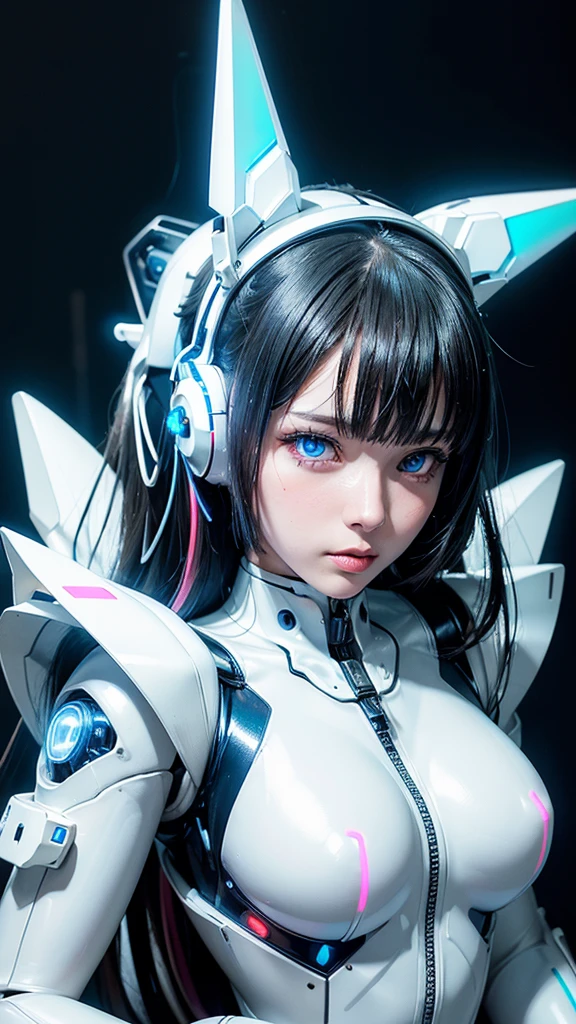 mech necomimi & maid head cap,realistic and intricate perfect beauty face,flat chest,,perfect sharp blue glowing eyes, detailed face,((in realistic neon-lit sci-fi white plugsuit metal mech parts and with neon-lit lights)), sit a silver box,masterpiece,