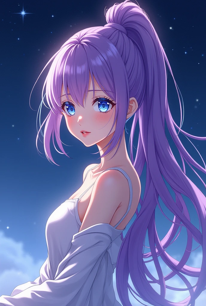 Long Hair、modern style、Private Server、Starry Sky、Anime Style、beautiful girl、Purple Hair、Blue eyes、ponytail