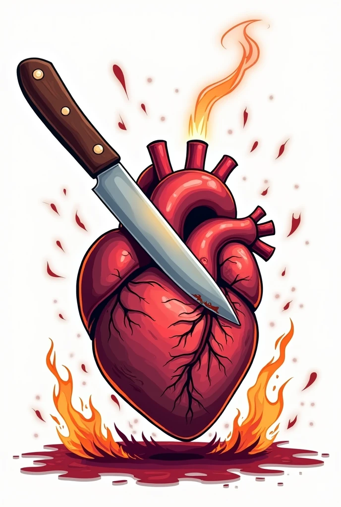 A heart organ stab with knife while burning because of CIGARETTES and white background cartoon