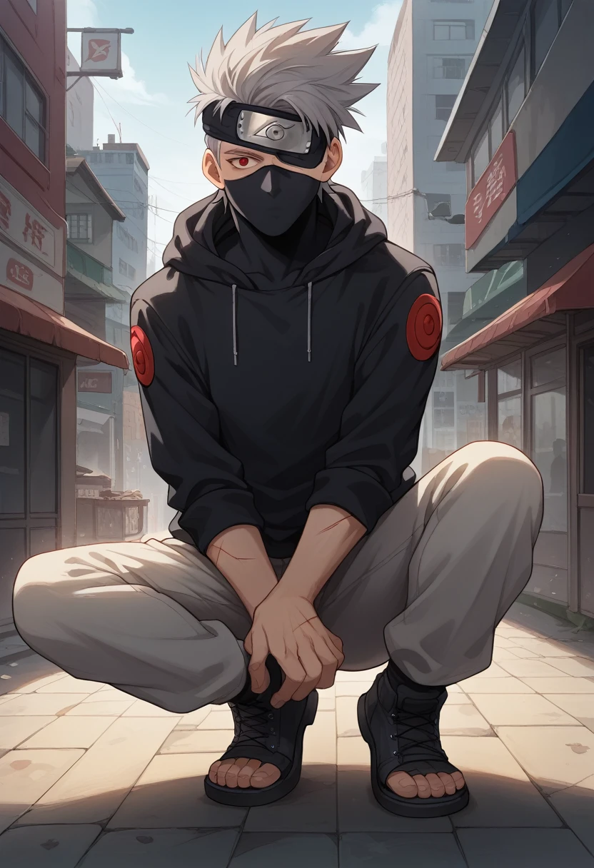 Masterpiece, best quality, 8k wallpaper, Sharingan, Chidori, 1boy, kakashi, grey hair, covered mouth, mouth mask, red eye, scar across eye, forehead protector, (urban outfit:1.2), (dressed in black hoodie:1.4), y2k style, full body