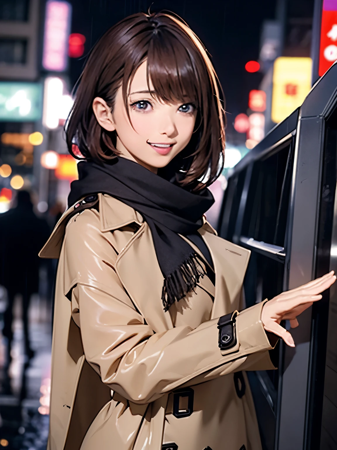 High resolution, 8k, Highest quality, detailed, Semi-realistic anime, Anime 3D Style, Smooth anime CG, One Girl, A 20-year-old Japanese woman, slim, Modeled, Shiny brown hair, detailedな顔, Beautiful and detailed, Glowing Skin, Hard Focus、Film Grain, Soft lighting, Looking at the audience, Laughter, (Woman in a trench coat and scarf), A rainy night on a street corner、City lights seen through wet glass