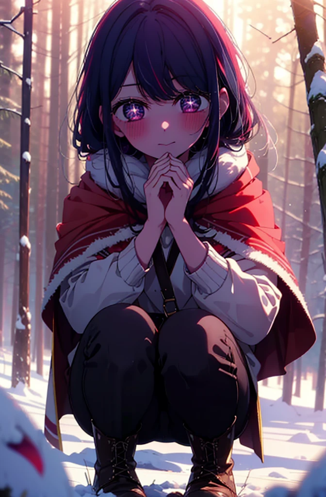 aihoshino, Ai Hoshino, Long Hair, bangs, (Purple eyes:1.1), Purple Hair, (Symbol-shaped pupil:1.5), smile,,smile,blush,white breath,
Open your mouth,snow,Ground bonfire, Outdoor, boots, snowing, From the side, wood, suitcase, Cape, Blurred, , forest, White handbag, nature, Squat, Mouth closed, Cape, winter, Written boundary depth, Black shoes, red Cape break looking at viewer, Upper Body, whole body, break Outdoor, forest, nature, break (masterpiece:1.2), Highest quality, High resolution, unity 8k wallpaper, (shape:0.8), (Beautiful and beautiful eyes:1.6), Highly detailed face, Perfect lighting, Highly detailed CG, (Perfect hands, Perfect Anatomy),